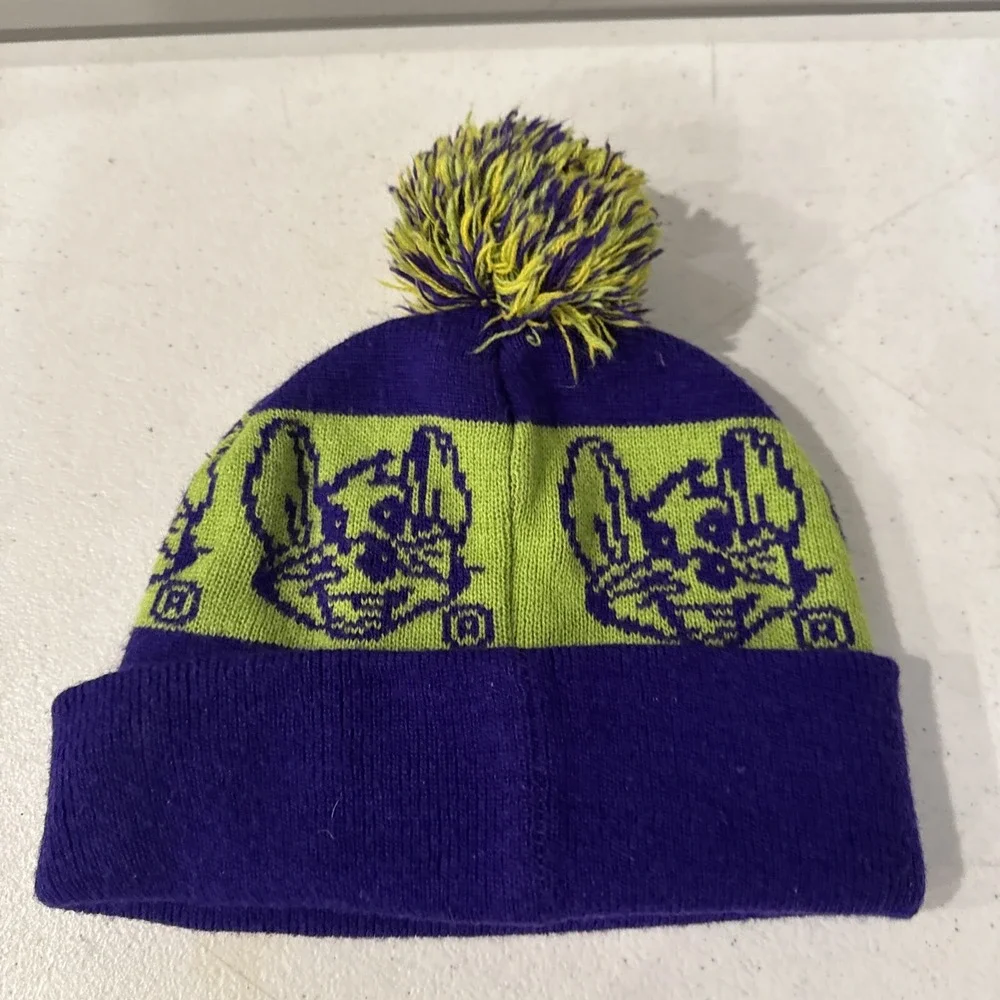 CHUCK E CHEESE WINTER HAT Knit Beanie Cap with POM Ball Mouse Green Purple Youth